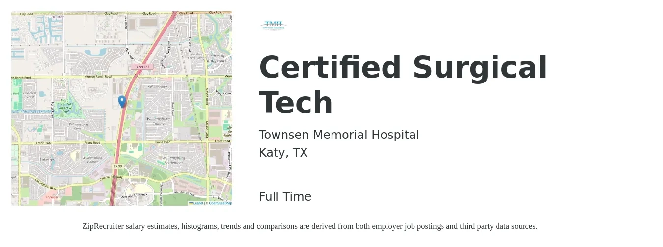 Townsen Memorial Hospital job posting for a Certified Surgical Tech in Katy, TX with a salary of $28 to $47 Hourly with a map of Katy location.