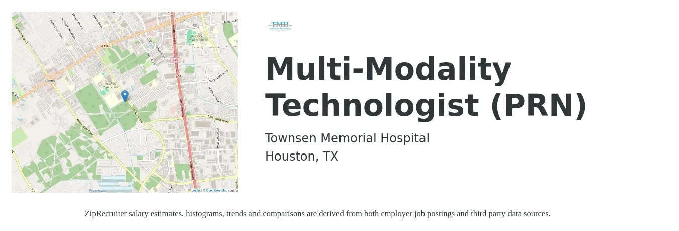 Townsen Memorial Hospital job posting for a Multi-Modality Technologist (PRN) in Houston, TX with a salary of $1,150 to $2,380 Weekly with a map of Houston location.