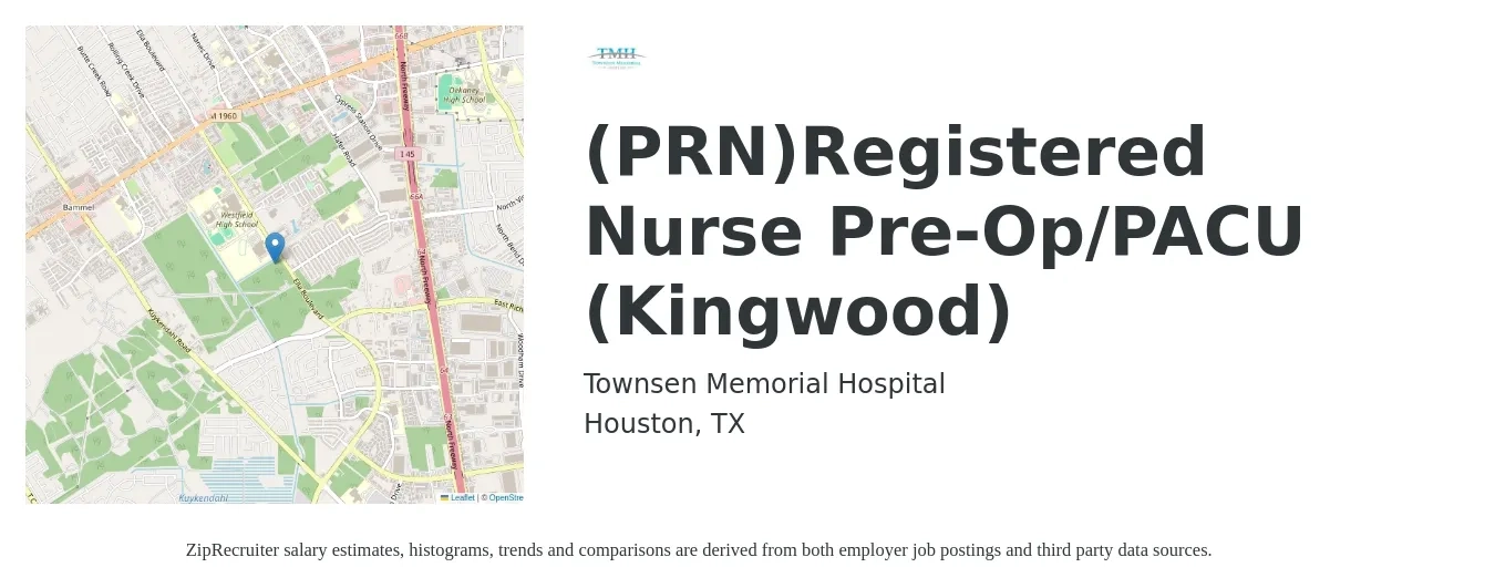 Townsen Memorial Hospital job posting for a (PRN)Registered Nurse Pre-Op/PACU (Kingwood) in Houston, TX with a salary of $1,660 to $2,530 Weekly with a map of Houston location.