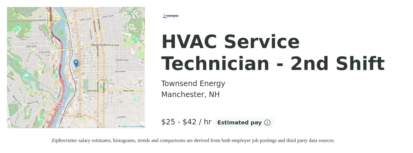 Townsend Energy job posting for a HVAC Service Technician - 2nd Shift in Manchester, NH with a salary of $27 to $44 Hourly with a map of Manchester location.