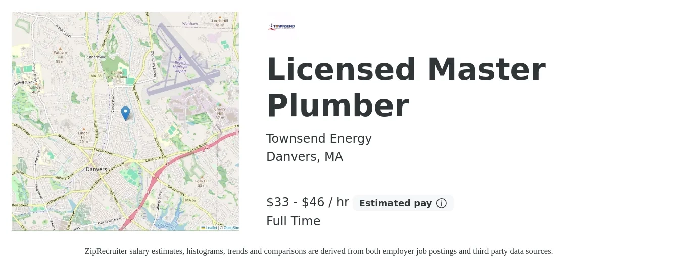 Townsend Energy job posting for a Licensed Master Plumber in Danvers, MA with a salary of $35 to $48 Hourly with a map of Danvers location.