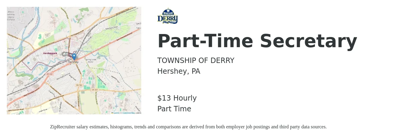 TOWNSHIP OF DERRY job posting for a Part-Time Secretary in Hershey, PA with a salary of $14 Hourly with a map of Hershey location.