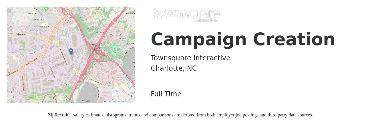 Townsquare Interactive job posting for a Campaign Creation in Charlotte, NC with a salary of $18 to $43 Hourly with a map of Charlotte location.