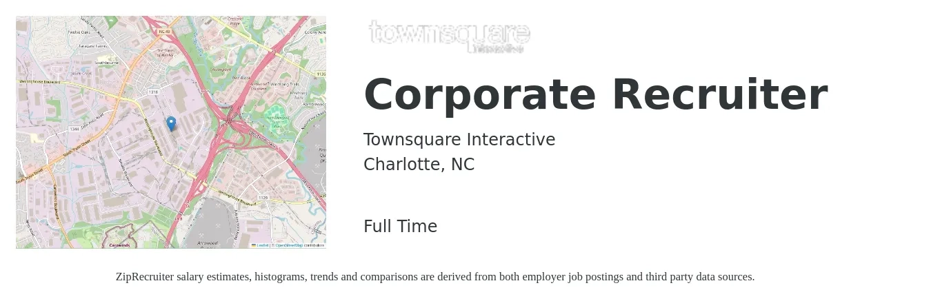 Townsquare Interactive job posting for a Corporate Recruiter in Charlotte, NC with a salary of $48,800 to $70,300 Yearly with a map of Charlotte location.