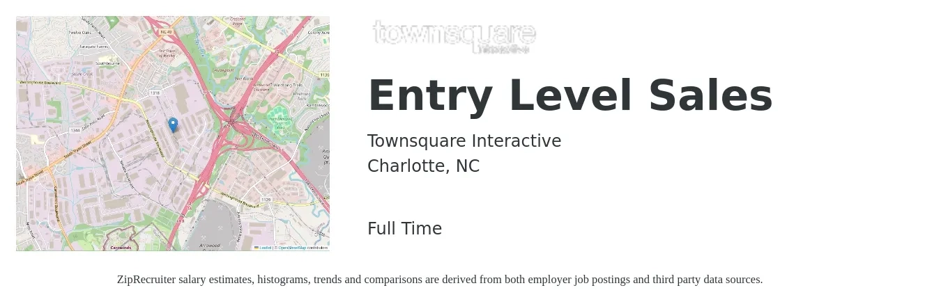 Townsquare Interactive job posting for a Entry Level Sales in Charlotte, NC with a salary of $45,900 to $73,700 Yearly with a map of Charlotte location.