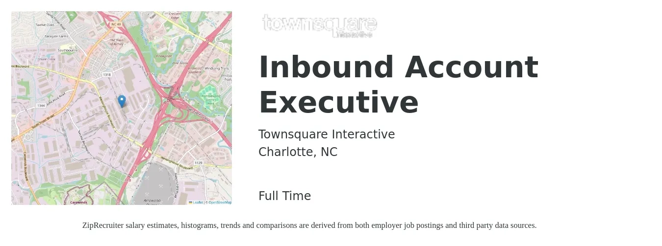Townsquare Interactive job posting for a Inbound Account Executive in Charlotte, NC with a salary of $52,700 to $92,800 Yearly with a map of Charlotte location.