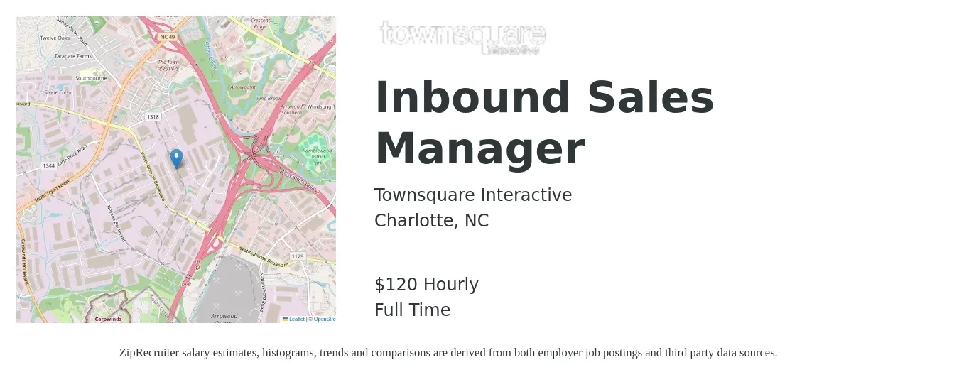 Townsquare Interactive job posting for a Inbound Sales Manager in Charlotte, NC with a salary of $42,500 to $58,600 Yearly with a map of Charlotte location.