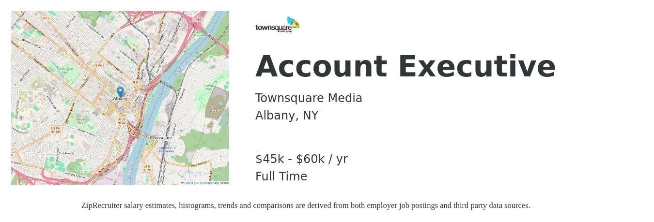 Townsquare Media job posting for a Account Executive in Albany, NY with a salary of $45,000 to $60,000 Yearly with a map of Albany location.