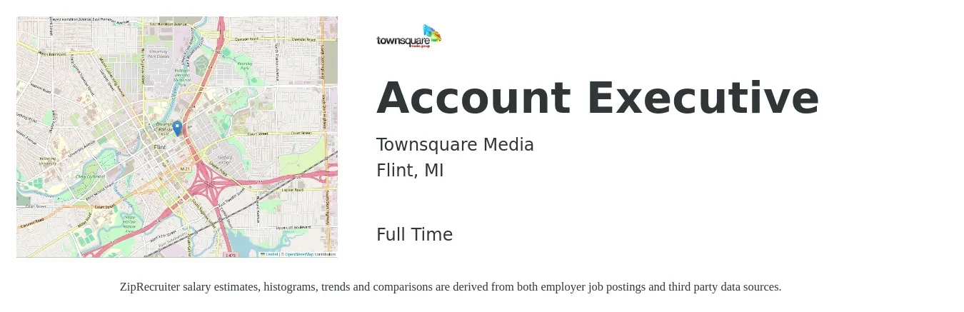 Townsquare Media job posting for a Account Executive in Flint, MI with a salary of $52,500 to $92,400 Yearly with a map of Flint location.