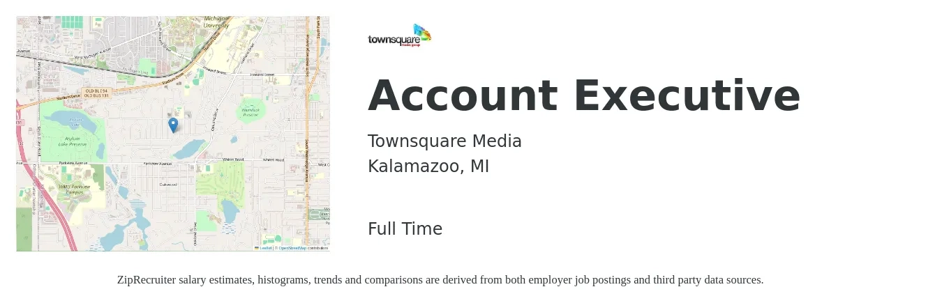 Townsquare Media job posting for a Account Executive in Kalamazoo, MI with a salary of $50,900 to $89,600 Yearly with a map of Kalamazoo location.