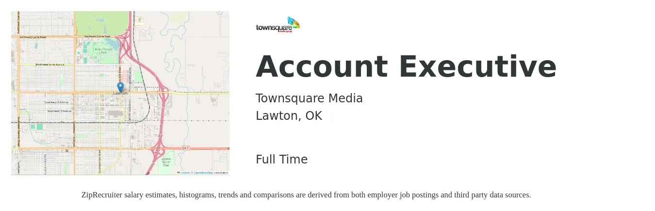 Townsquare Media job posting for a Account Executive in Lawton, OK with a salary of $53,100 to $93,500 Yearly with a map of Lawton location.