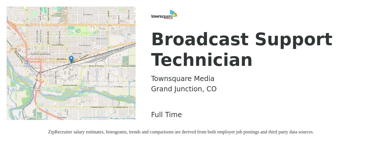 Townsquare Media job posting for a Broadcast Support Technician in Grand Junction, CO with a salary of $36,500 to $45,800 Yearly with a map of Grand Junction location.