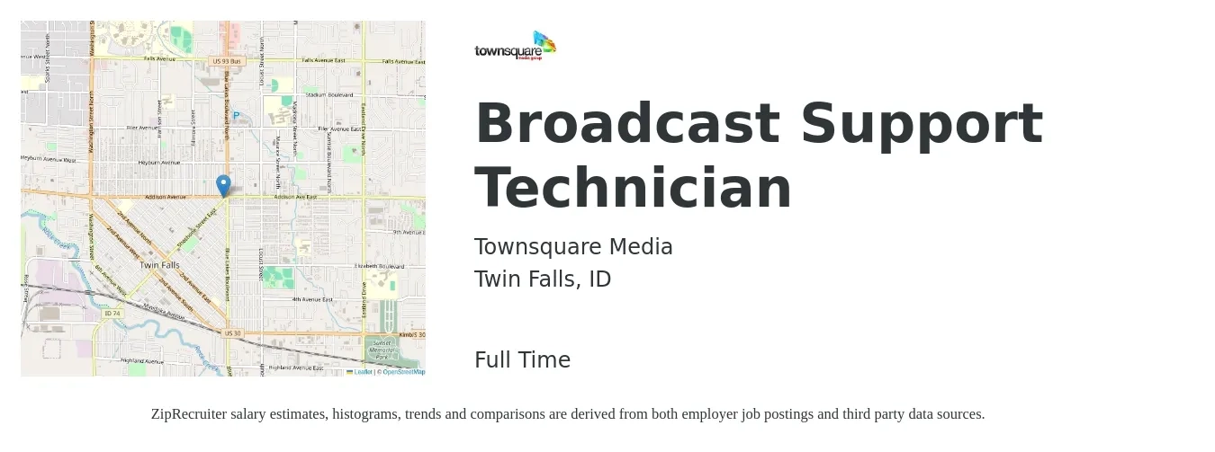 Townsquare Media job posting for a Broadcast Support Technician in Twin Falls, ID with a salary of $34,400 to $43,100 Yearly with a map of Twin Falls location.