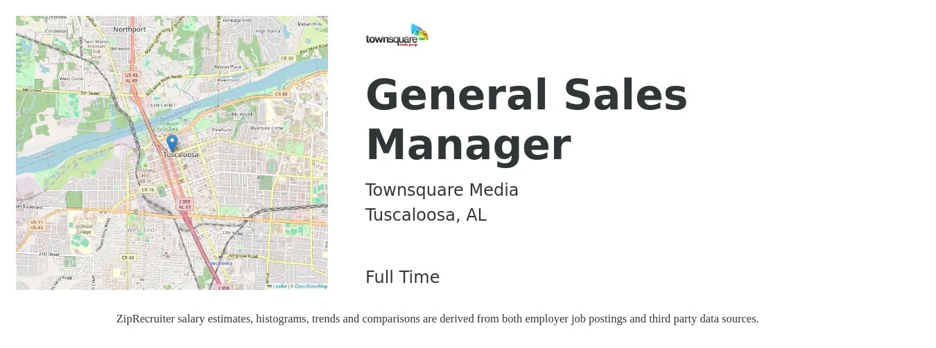 Townsquare Media job posting for a General Sales Manager in Tuscaloosa, AL with a salary of $41,800 to $89,500 Yearly with a map of Tuscaloosa location.