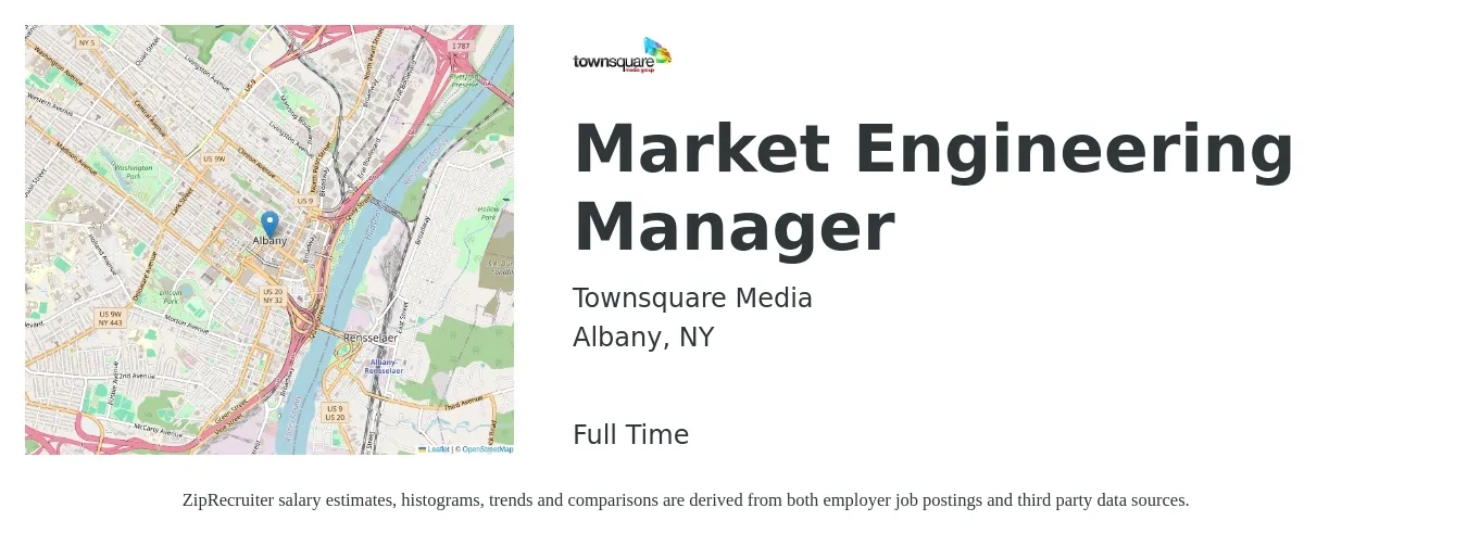 Townsquare Media job posting for a Market Engineering Manager in Albany, NY with a salary of $115,700 to $171,800 Yearly with a map of Albany location.