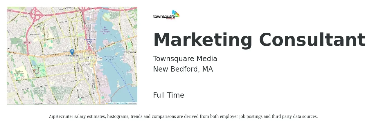 Townsquare Media job posting for a Marketing Consultant in New Bedford, MA with a salary of $24 to $51 Hourly with a map of New Bedford location.