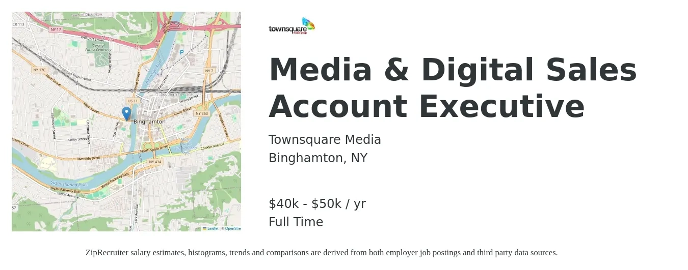 Townsquare Media job posting for a Media & Digital Sales Account Executive in Binghamton, NY with a salary of $40,000 to $50,000 Yearly with a map of Binghamton location.