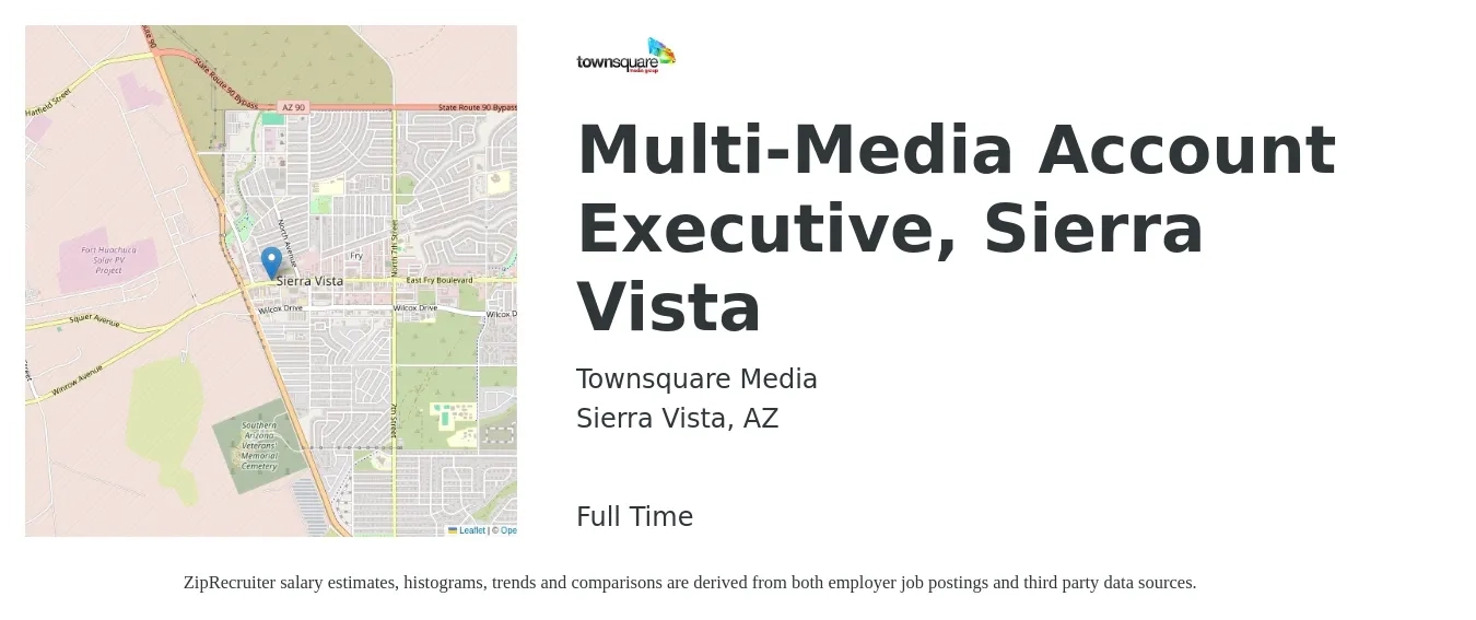 Townsquare Media job posting for a Multi-Media Account Executive, Sierra Vista in Sierra Vista, AZ with a salary of $48,000 to $84,500 Yearly with a map of Sierra Vista location.