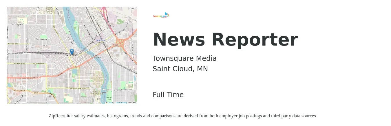 Townsquare Media job posting for a News Reporter in Saint Cloud, MN with a salary of $19 to $24 Hourly with a map of Saint Cloud location.