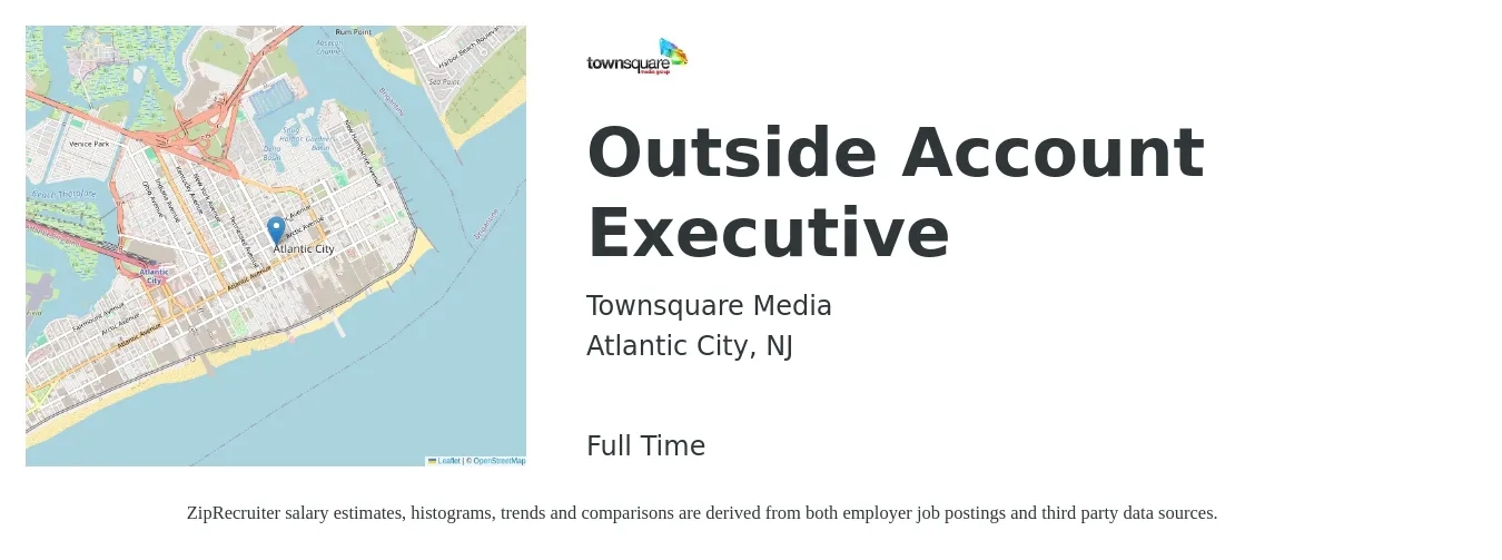 Townsquare Media job posting for a Outside Account Executive in Atlantic City, NJ with a salary of $51,200 to $94,900 Yearly with a map of Atlantic City location.
