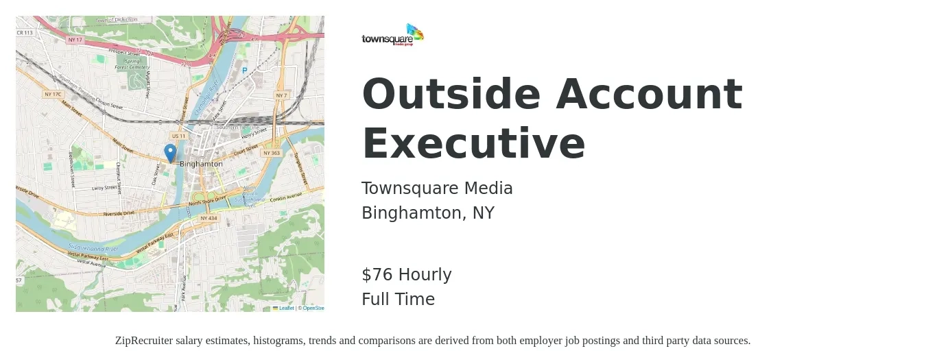 Townsquare Media job posting for a Outside Account Executive in Binghamton, NY with a salary of $80 Hourly with a map of Binghamton location.