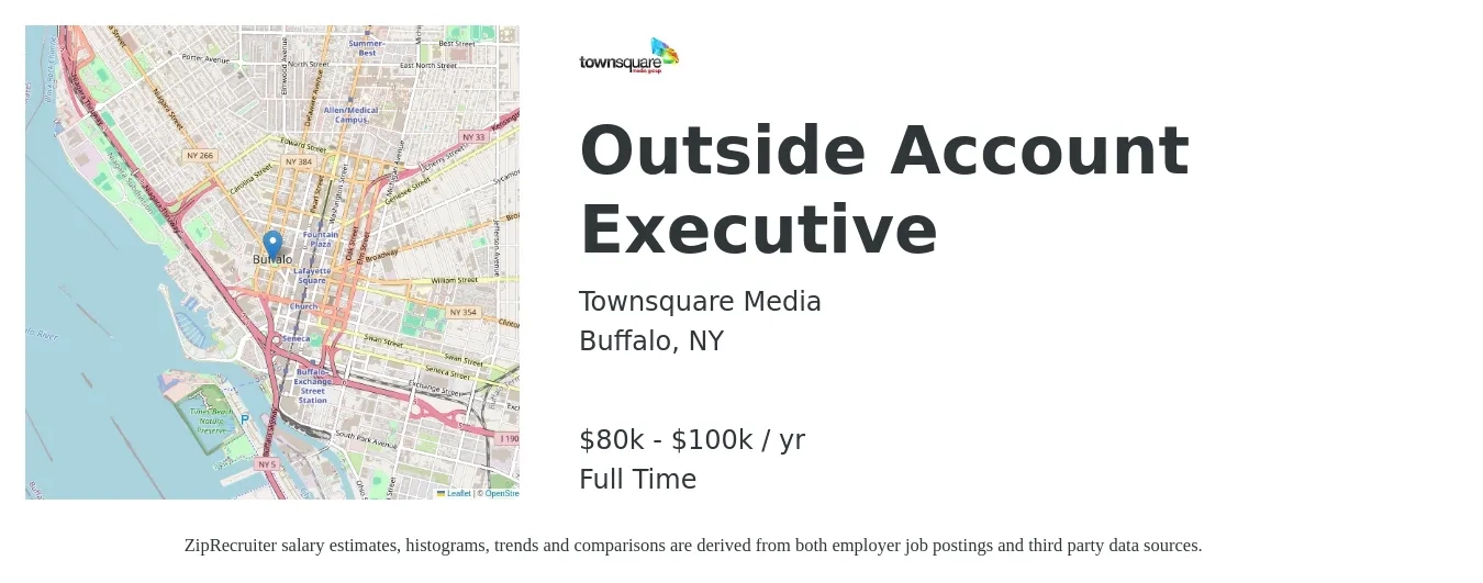 Townsquare Media job posting for a Outside Account Executive in Buffalo, NY with a salary of $80,000 to $100,000 Yearly with a map of Buffalo location.
