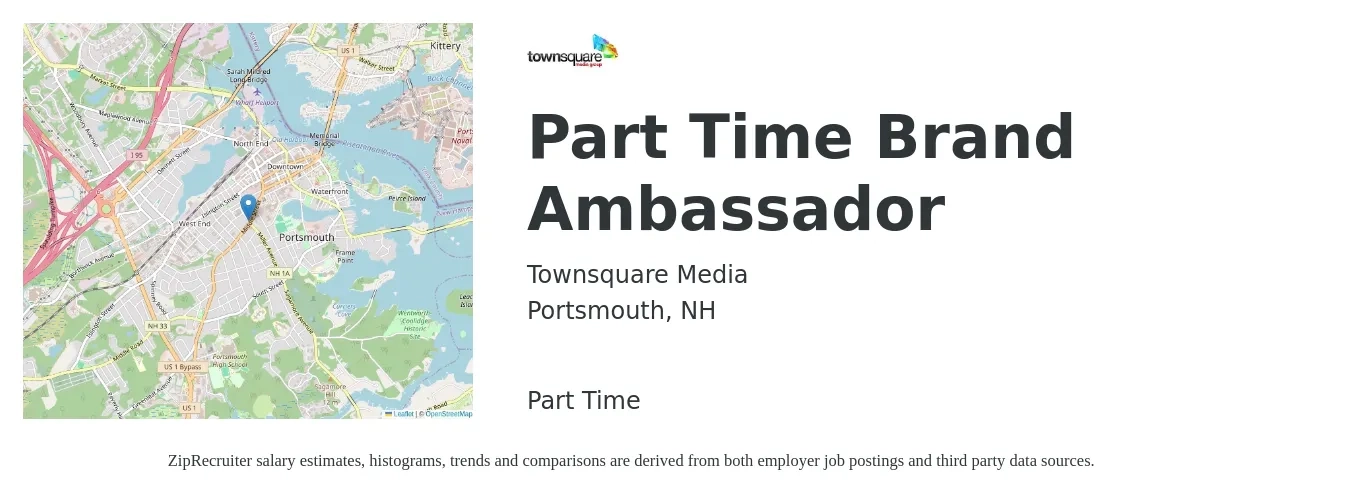 Townsquare Media job posting for a Part Time Brand Ambassador in Portsmouth, NH with a salary of $17 to $24 Hourly with a map of Portsmouth location.