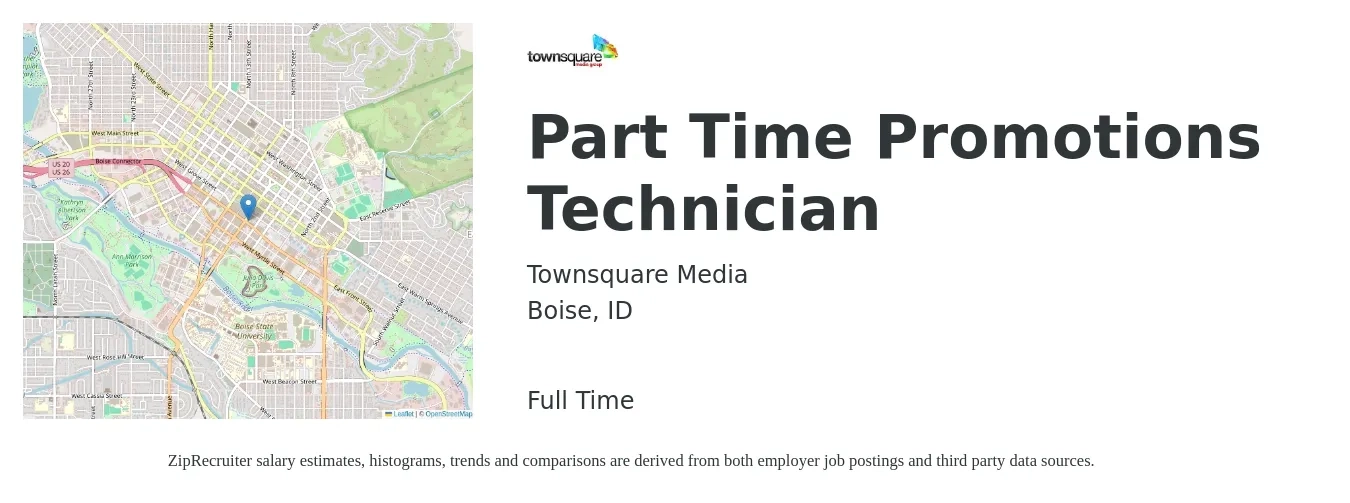 Townsquare Media job posting for a Part Time Promotions Technician in Boise, ID with a salary of $14 to $17 Hourly with a map of Boise location.