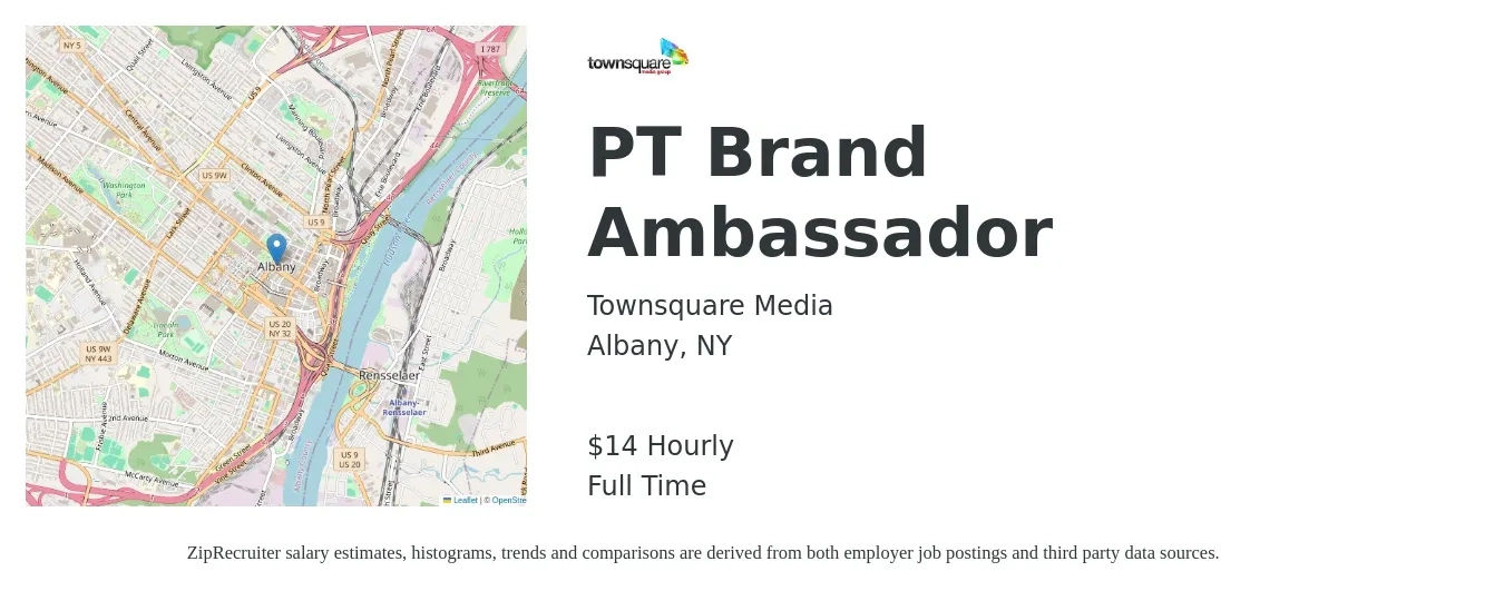 Townsquare Media job posting for a PT Brand Ambassador in Albany, NY with a salary of $15 Hourly with a map of Albany location.