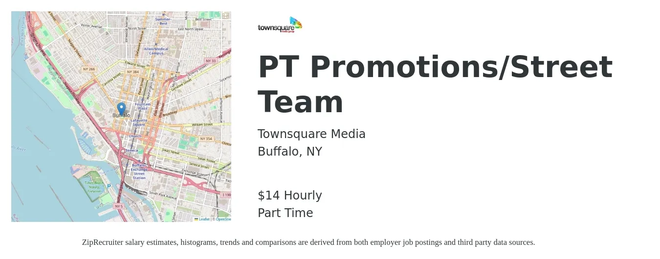 Townsquare Media job posting for a PT Promotions/Street Team in Buffalo, NY with a salary of $15 Hourly with a map of Buffalo location.