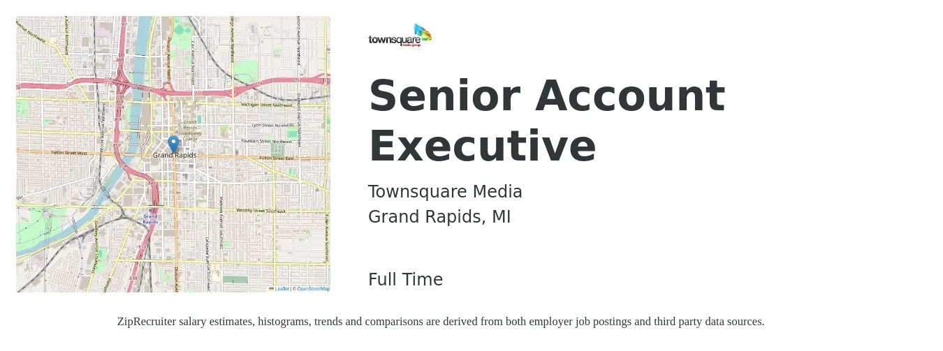 Townsquare Media job posting for a Senior Account Executive in Grand Rapids, MI with a salary of $74,000 to $113,300 Yearly with a map of Grand Rapids location.