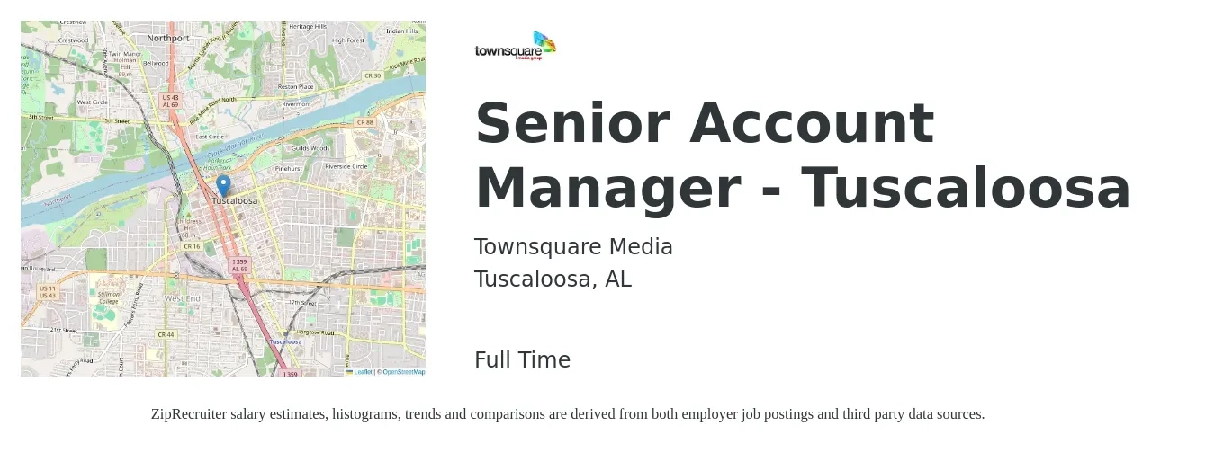 Townsquare Media job posting for a Senior Account Manager - Tuscaloosa in Tuscaloosa, AL with a salary of $71,900 to $113,200 Yearly with a map of Tuscaloosa location.