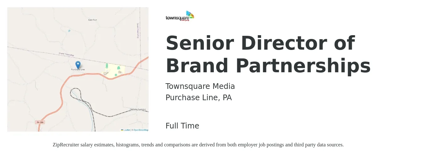 Townsquare Media job posting for a Senior Director of Brand Partnerships in Purchase Line, PA with a salary of $61,700 to $128,300 Yearly with a map of Purchase Line location.