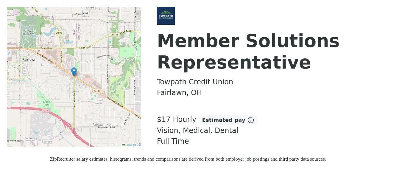Towpath Credit Union job posting for a Member Solutions Representative in Fairlawn, OH with a salary of $18 Hourly and benefits including dental, life_insurance, medical, pto, retirement, and vision with a map of Fairlawn location.