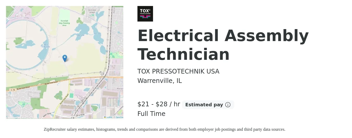 TOX PRESSOTECHNIK USA job posting for a Electrical Assembly Technician in Warrenville, IL with a salary of $22 to $30 Hourly with a map of Warrenville location.