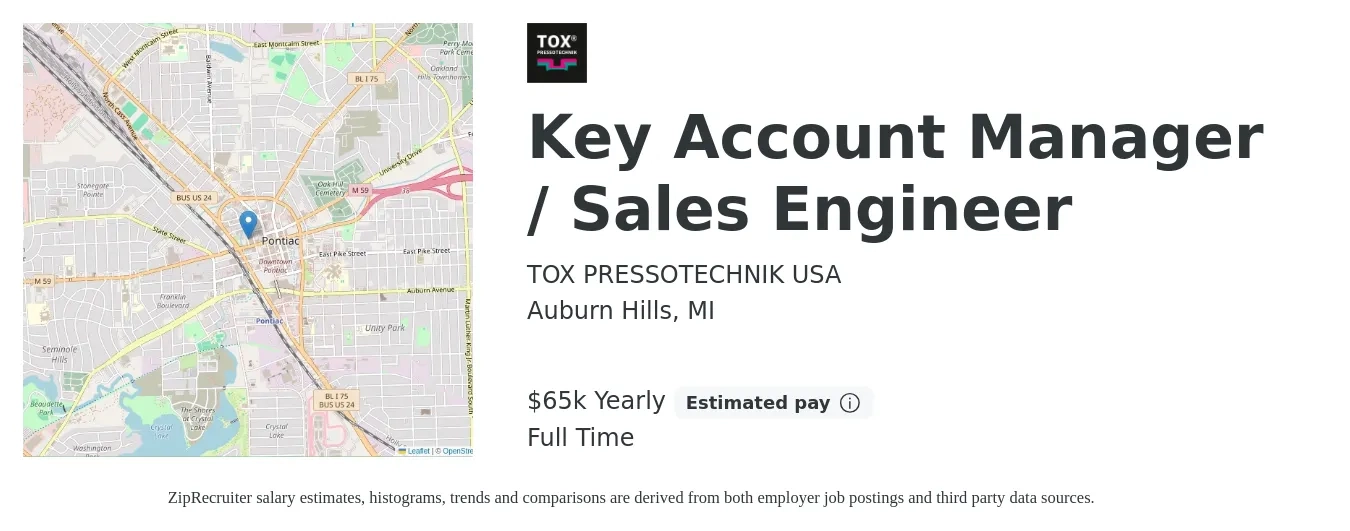 TOX PRESSOTECHNIK USA job posting for a Key Account Manager / Sales Engineer in Auburn Hills, MI with a salary of $65,000 Yearly with a map of Auburn Hills location.
