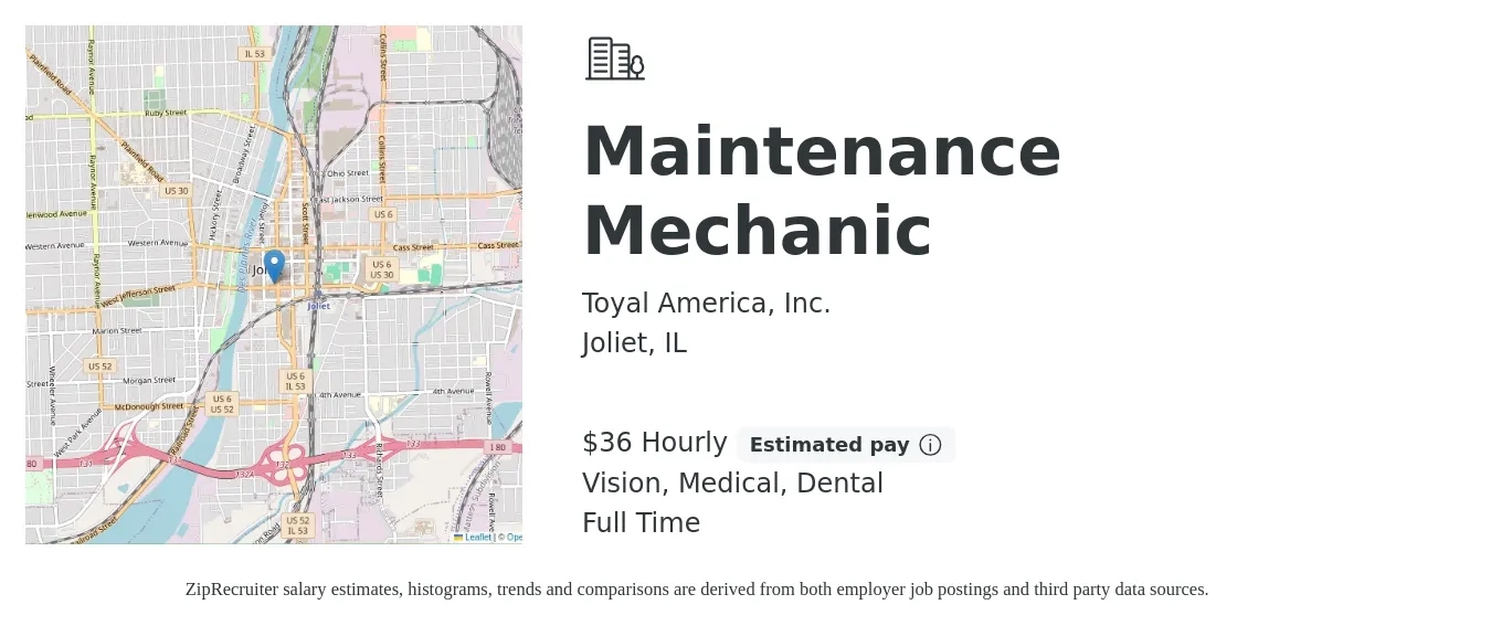 Toyal America, Inc. job posting for a Maintenance Mechanic in Joliet, IL with a salary of $38 Hourly and benefits including medical, retirement, vision, dental, and life_insurance with a map of Joliet location.