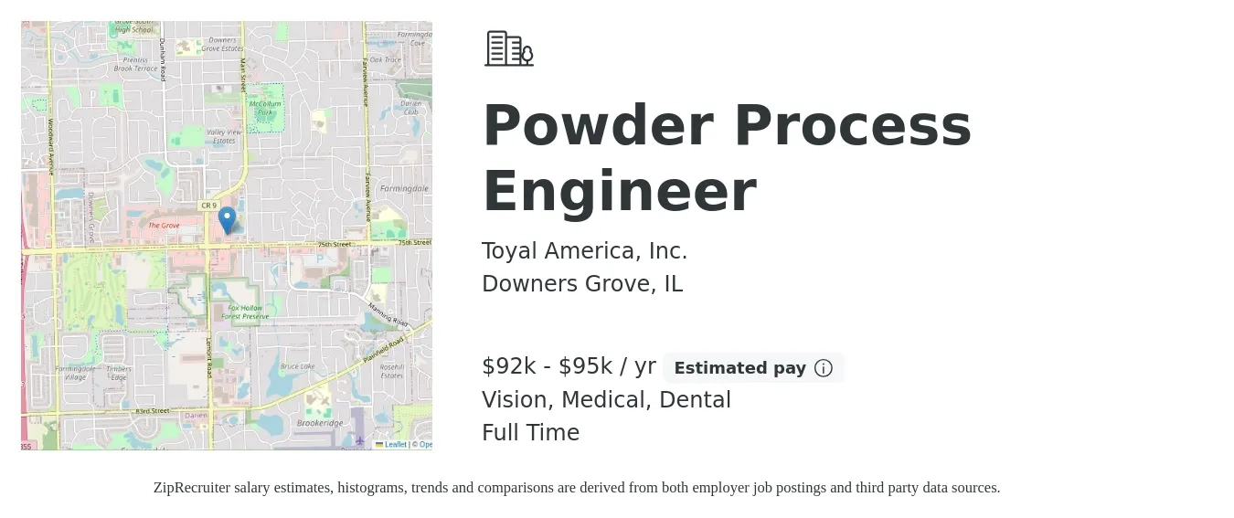 Toyal America, Inc. job posting for a Powder Process Engineer in Downers Grove, IL with a salary of $92,000 to $95,000 Yearly and benefits including dental, life_insurance, medical, retirement, and vision with a map of Downers Grove location.