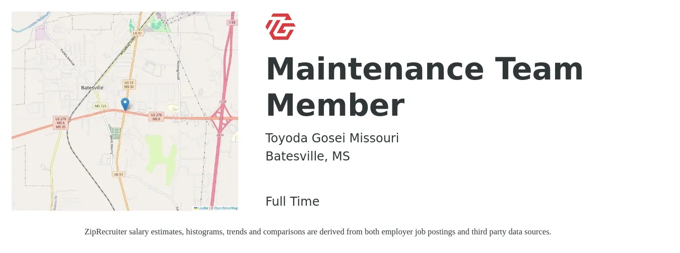 Toyoda Gosei Missouri job posting for a Maintenance Team Member in Batesville, MS with a salary of $12 to $16 Hourly with a map of Batesville location.