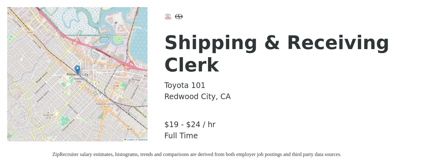 Toyota 101 job posting for a Shipping & Receiving Clerk in Redwood City, CA with a salary of $20 to $25 Hourly with a map of Redwood City location.