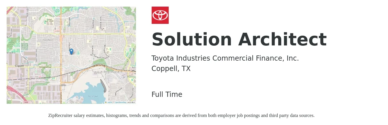 Toyota Industries Commercial Finance, Inc. job posting for a Solution Architect in Coppell, TX with a salary of $58 to $77 Hourly with a map of Coppell location.