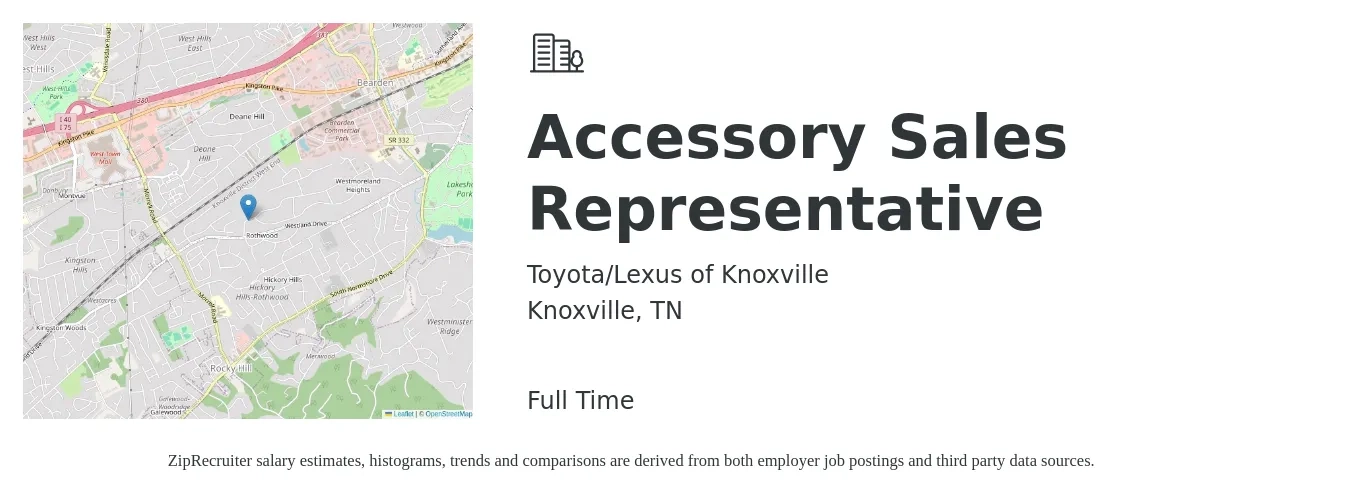 Toyota/Lexus of Knoxville job posting for a Accessory Sales Representative in Knoxville, TN with a salary of $51,100 to $88,800 Yearly with a map of Knoxville location.