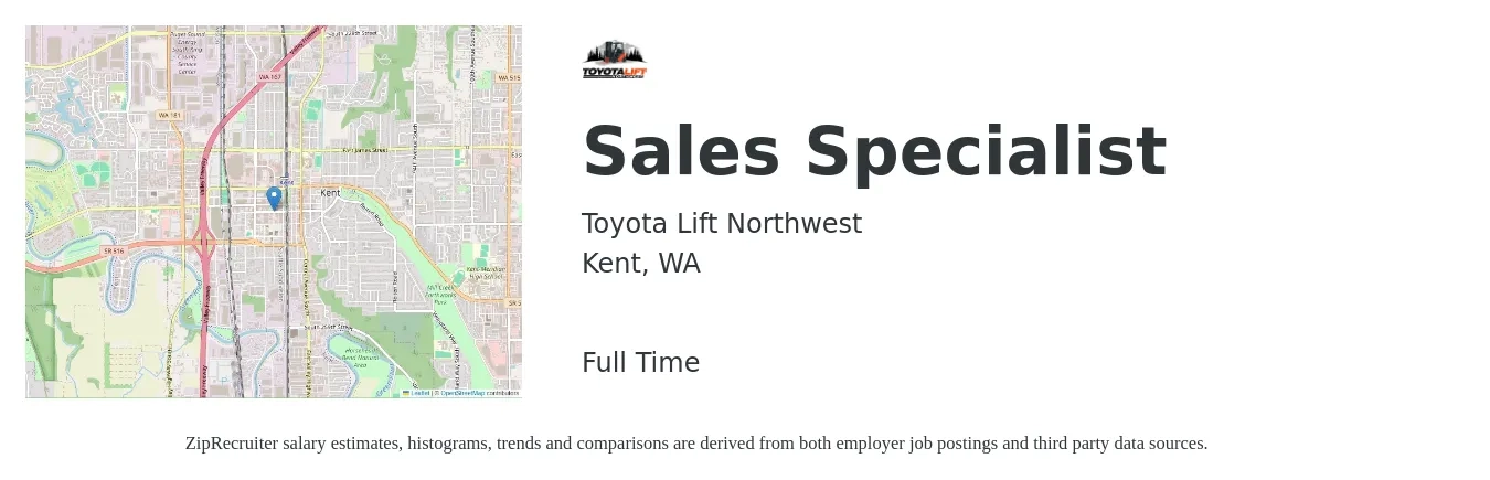 Toyota Lift Northwest job posting for a Sales Specialist in Kent, WA with a salary of $40,000 Yearly with a map of Kent location.
