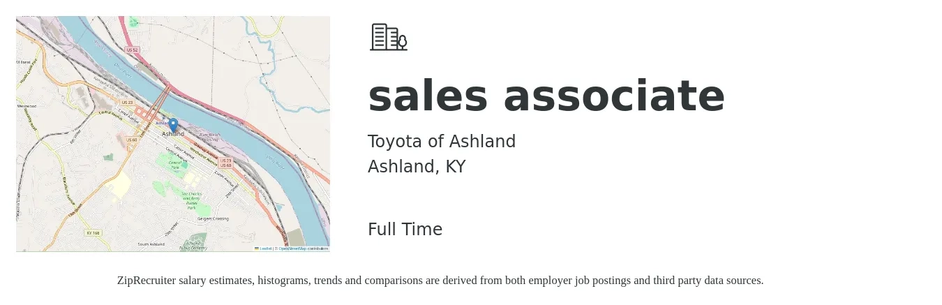 Toyota of Ashland job posting for a sales associate in Ashland, KY with a salary of $12 to $17 Hourly with a map of Ashland location.