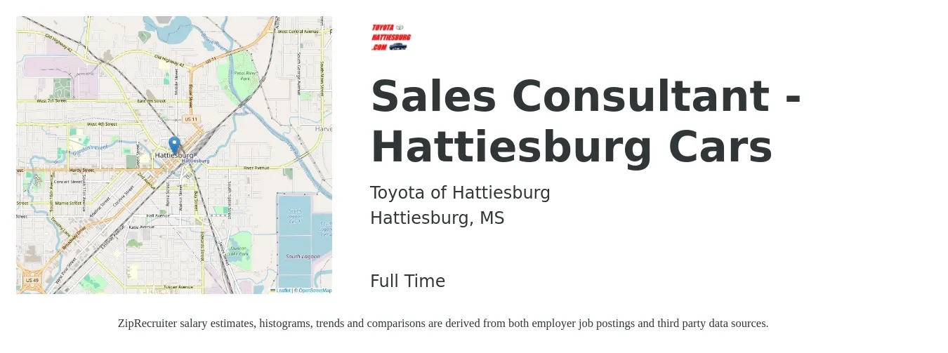 Toyota of Hattiesburg job posting for a Sales Consultant - Hattiesburg Cars in Hattiesburg, MS with a salary of $40,600 to $79,300 Yearly with a map of Hattiesburg location.