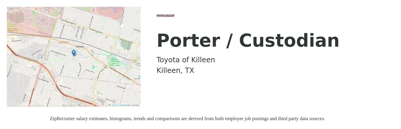 Toyota of Killeen job posting for a Porter / Custodian in Killeen, TX with a salary of $13 to $16 Hourly with a map of Killeen location.