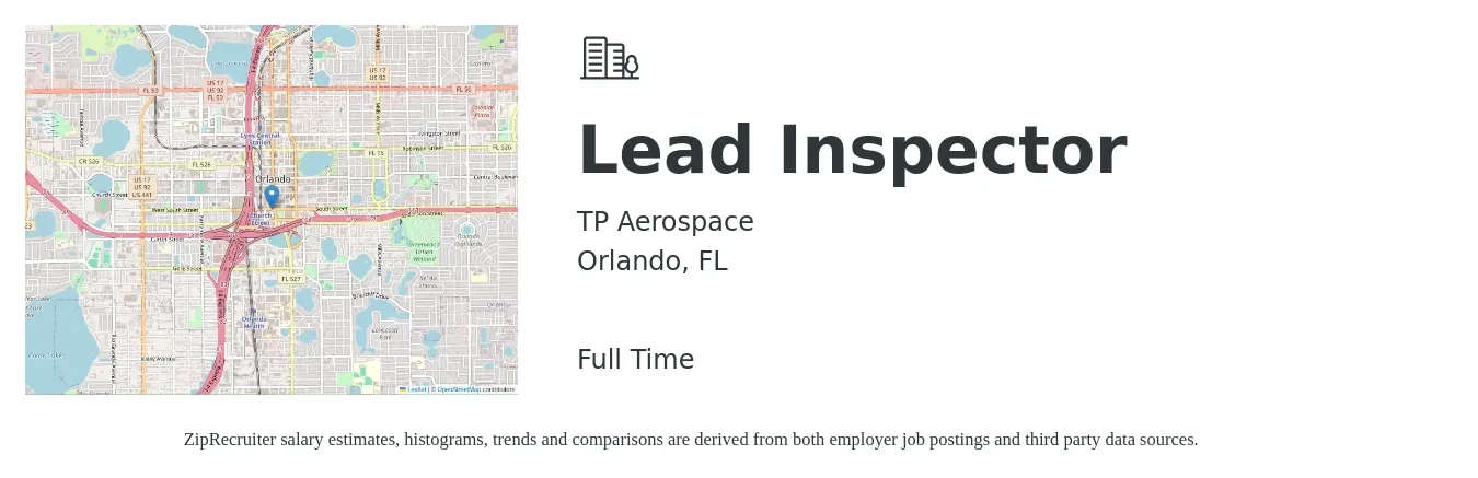 TP Aerospace job posting for a Lead Inspector in Orlando, FL with a salary of $18 to $38 Hourly with a map of Orlando location.