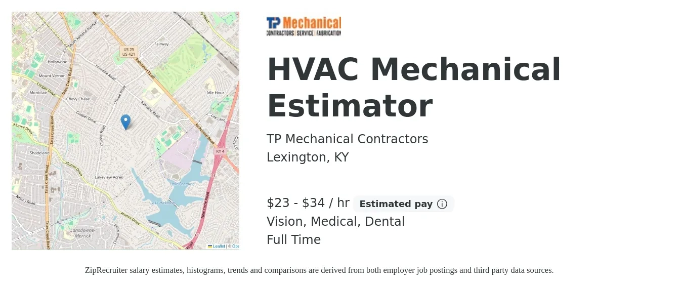TP Mechanical Contractors job posting for a HVAC Mechanical Estimator in Lexington, KY with a salary of $24 to $36 Hourly and benefits including life_insurance, medical, pto, retirement, vision, and dental with a map of Lexington location.