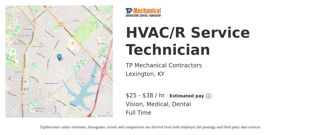 TP Mechanical Contractors job posting for a HVAC/R Service Technician in Lexington, KY with a salary of $26 to $40 Hourly and benefits including dental, life_insurance, medical, pto, retirement, and vision with a map of Lexington location.