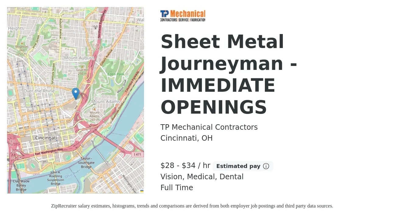 TP Mechanical Contractors job posting for a Sheet Metal Journeyman - IMMEDIATE OPENINGS in Cincinnati, OH with a salary of $30 to $36 Hourly and benefits including medical, pto, retirement, vision, dental, and life_insurance with a map of Cincinnati location.